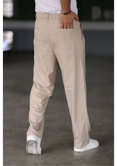 Bürke Baggy Çift Pileli Krem Renk Beli Lastikli Kaliteli Rahat Kesim Klasik Bol Paça Baggy Pantolon