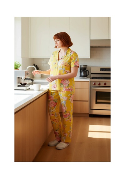 Ersefa Kadın Çiçekli Örme Pijama Takımı Gömlek Yaka Fonksiyonel Dayanıkl sarı