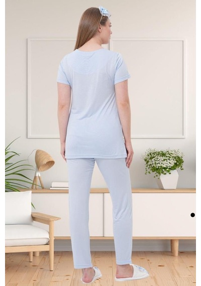 Mecit Pijama Mecit 1541 Bayan Hamile Lohusa Mavi Uzun Sabahlıklı Pijama Takımı