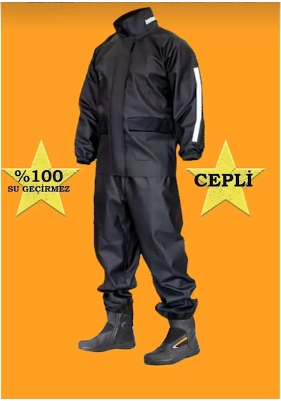 Unisex Tam Kalıp Motorcu Cepli Kurye Su Gecirmez Yağmurluk Takım Siyah