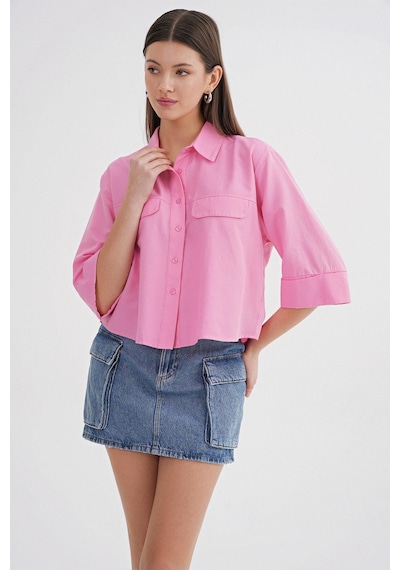 Mixray 4660 Kadın Kısa Kol Crop Gömlek Pembe