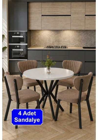 4 Kişilik Elma Yuvarlak Masa Takımı, Traverten Masa, Baby Face Kumaş, Sandalyeli Yemek Masası Takımı Cappucino 4 Kişilik Elma Yuvarlak Masa Takımı, Traverten Masa, Baby Face Kumaş, Sandalyeli Yemek Masası Takımı Cappucino
