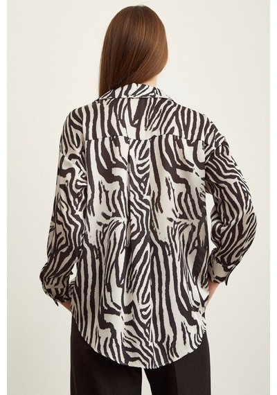 Never More Zebra Desen V Yaka Saten Gömlek Siyah