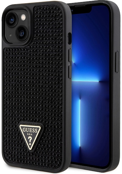 Apple Uyumlu iPhone 14 Kılıf Guess Lisanslı Taşlı Arka Yüzey Üçgen Logolu Kapak Siyah