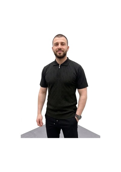 Veraura Lifestyle Erkek Yazlık Triko Saç Örgü Tişört Kısa Kol Polo Yaka Fermuarlı T-shirt - Siyah bej