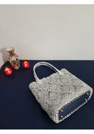 Fikriharika Design Lacebag, Metalik İp, Gümüş, Dantel, Işıltılı Kadın Omuz Çantası