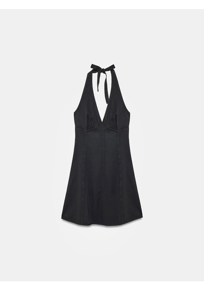 Dilvin 90568 Halter Yaka Denim Mini Elbise-siyah