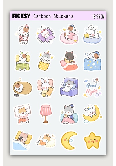Kawaii Uyku Temalı Sticker Seti - 20 Adet Etiket Çıkartma Diğer