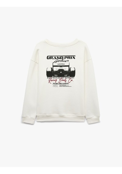 Koton Rahat Kalıp Üç İplik Şardonlu Pamuklu Bisiklet Yaka Arkası Baskılı Sweatshirt Beyaz 7wam70210mk