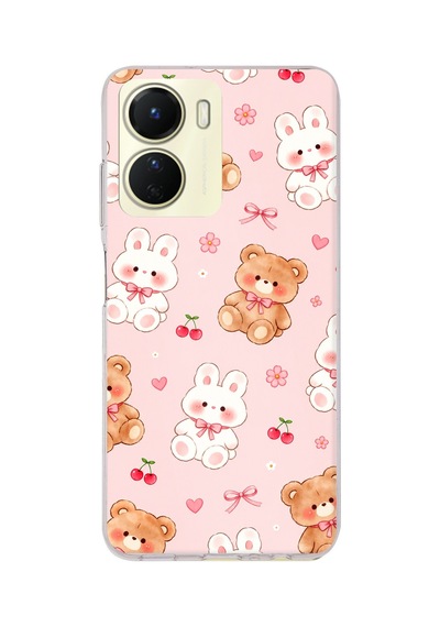 Vivo Y16 Uyumlu Pembe Ayıcıklı Ve Tavşanlı Kawaii Kiraz Baskılı Silikon Kılıf
