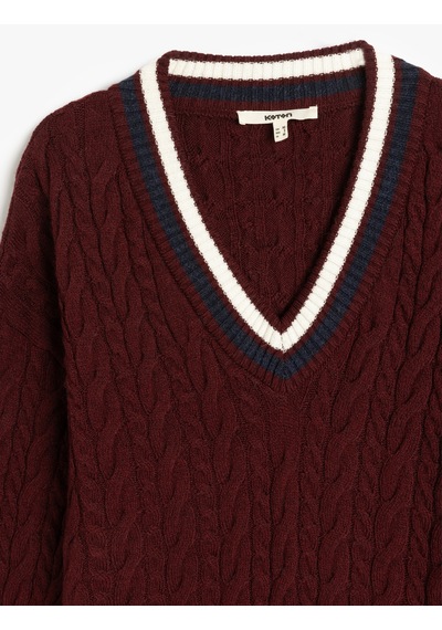 Koton Uzun Kollu Saç Örgü Kadın Oversize V Yaka Kazak Bordo 5wak90766ht Bordo