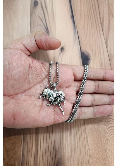 Gümüş Kaplama K-156 Paslanmaz Kromix Erkek Kolye Madalyon Öfkeli Boğa Burcu Bull Beyaz