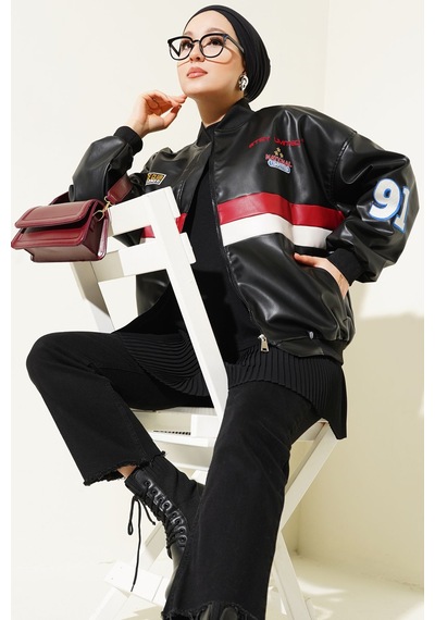 Hiccup Bdart Renk Bloklu Oversize Suni Deri Bomber Ceket Siyah
