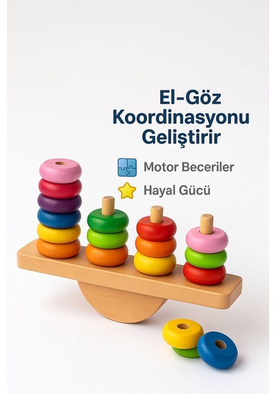 Ahşap Denge Oyunu Renkli Halkalı Eğitici Motor Beceri Ve Koordinasyon Geliştirici