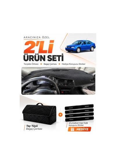 Volkswagen Jetta 1997-2003 Uyumlu Torpido Örtüsü + Tay Tüyü Bagaj Çantası + Sticker Seti - Siyah