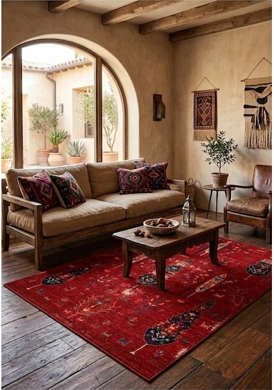 Doğal İplik Şönil Dokuma Pamuk Taban Halı Koridor Halısı Kilim Antre, Salon Ofis Genç Odası, Kırmızı, 120 X 180 Nakkaş-8