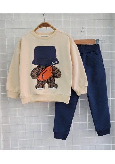 Şapkalı Ayıcık Desenli Unisex Eşofman Takımı Mavi