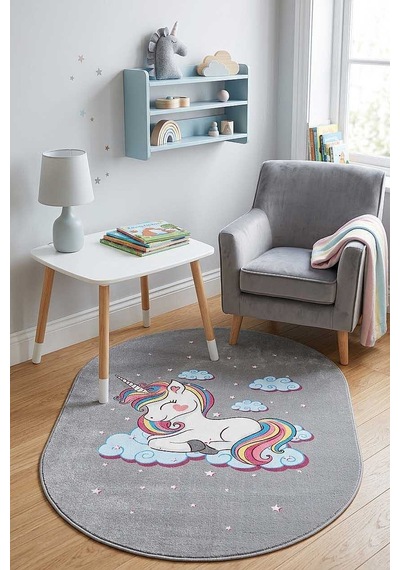 Frenda Home Unıcorn Pamuk Taban Dekoratif Baskılı Oval Çocuk Odası Halısı Gri