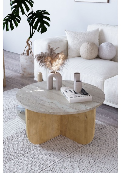 Rubo Orta Sehpa Raflı Iskandinav Orta Sehpa 72 Cm, Bohem - Traverten & Safir Meşe