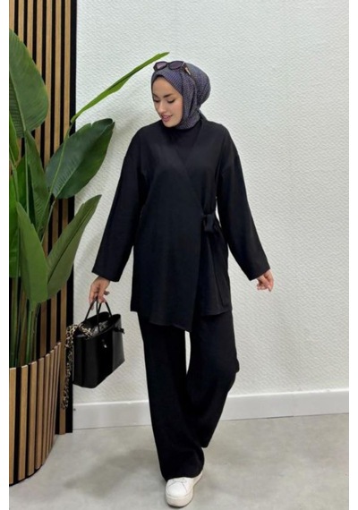 Zerogaprıse Kadın Çapraz Bağlamalı Keten Kimono Tesettür Pantolon Takım Siyah