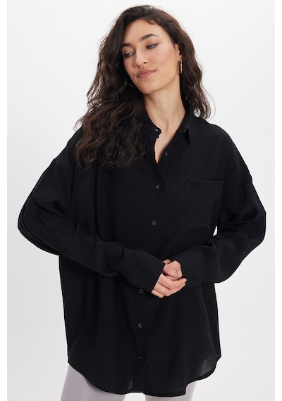 Tudors Kadın Oversize Rahat Kesim Uzun Kollu Düz Viskonlu Siyah Gömlek-46251