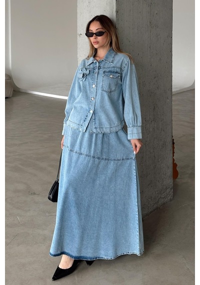Olcay Çiçek Aplikeli Etek Ceket Denim Takım Mavi 9346-tk