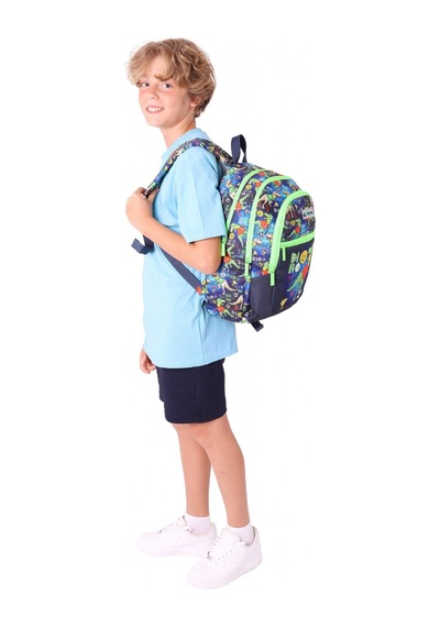 Kauıkko Kids Siyah Yeşil Dinazor Baskılı Erkek Çocuk Okul Çantası - L5266 - Dört Gözlü Siyah - Yeşil