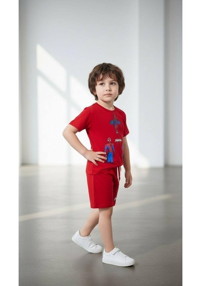 Miniko Kids Erkek Çocuk Spiderman Örümcek Adam Modelli Pamuk Şortlu Takım Kırmızı