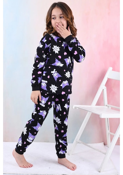 Kuromi Desenli Kız Çocuk Pijama Takımı Pembe 3-8 Yaş Siyah