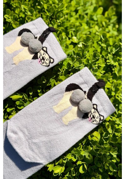 Lousocks Unisex Gri Dilini Çıkaran Köpek Desenli Ponpon Soket Çorap