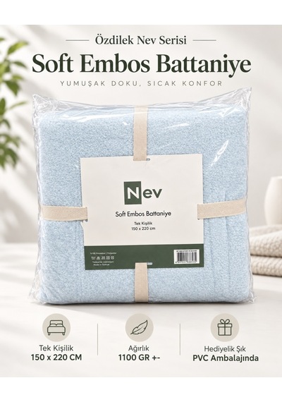 Özdilek Nev Serisi Soft Embos Tek Kişilik Battaniye 150x220 - Buz Mavi