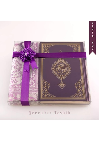 Seccade + Tesbih + Kuran Hediye Seti Çanta Boy, Yeni Cilt, Mor