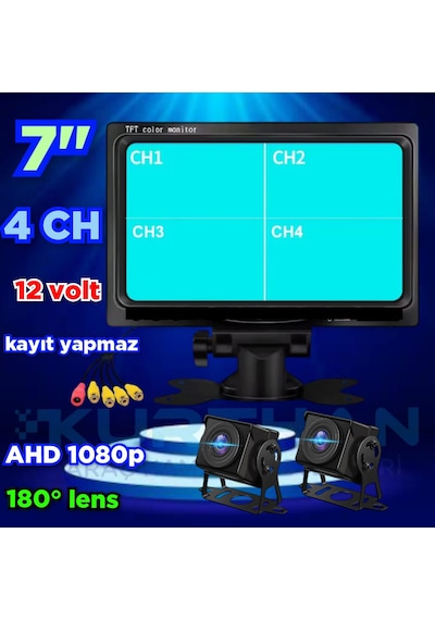 7 İnç Kayıtsız Monitör 2 Adet 180'' Geniş Açılı Ahd Kamera 12 V