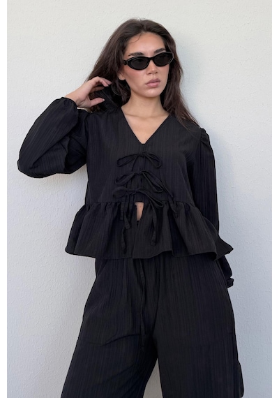 Madmext Siyah Önü Bağlamalı Bluz Pantolon Takımı Mg2343 Siyah