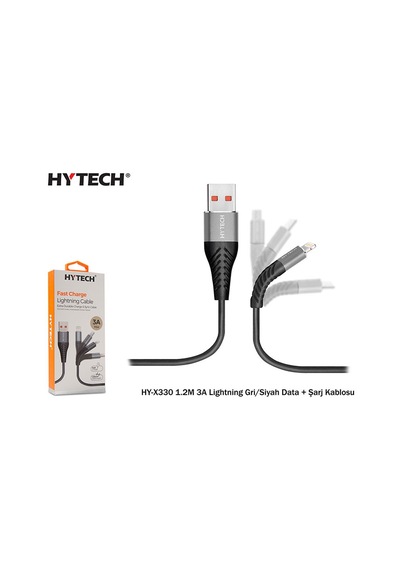 Hytech Hy-X330 1.2M 3A Lightning Gri/Siyah Data+ Şarj Kablosu