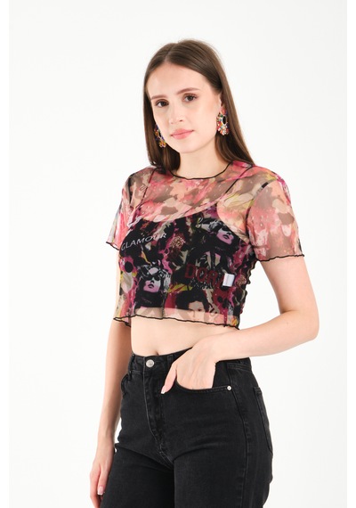 By Papi Baskılı Tül Crop Pembe