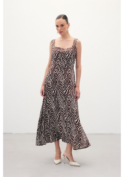 Sateen Kare Yaka Zebra Desenli Elbise - Kahve-136359 Kahve
