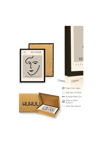 Doğal Ahşap Çerçeveli Minimalist Yüz Desenli Tablo - Pastel Huhu1118