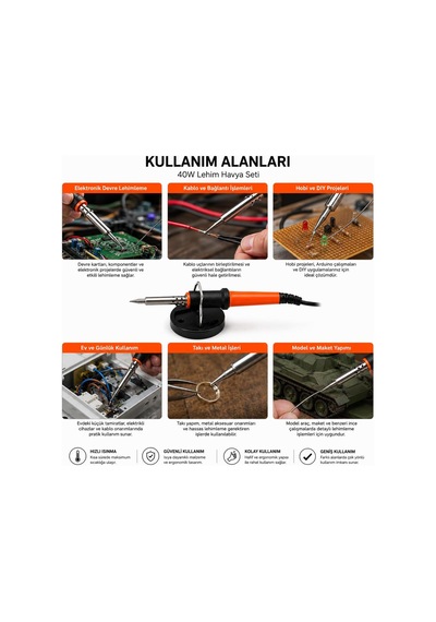 Kınetex 40w Lehim Havya Seti 4'ü 1 Arada, Elektronik Lehimleme Havyası, Lehim Teli, Lehim Pasta