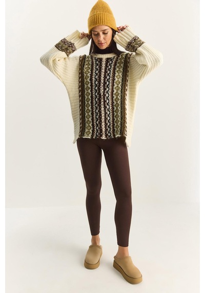 Shade Kadın Etnik Desenli Oversize Bisiklet Yaka Kalın Triko Kazak 2529 60283875 - Krem