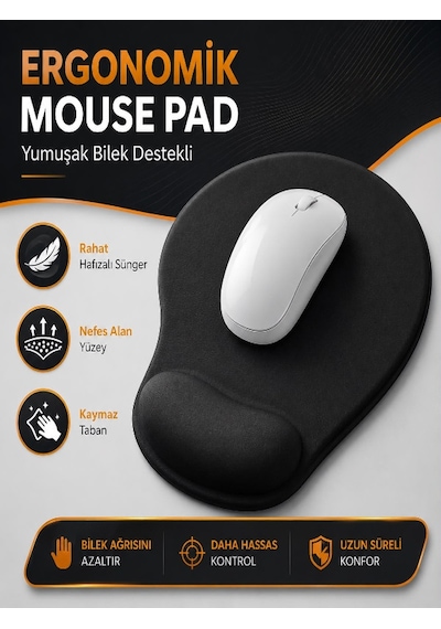 Siyah Comfort Bilek Destekli Siyah Rahat Konforlu Mouse Pad, Ergonomik Mouse Pad,ofis,ev, Siyah