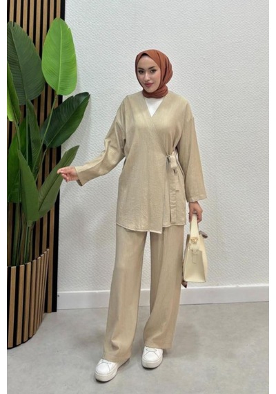 Zerogaprıse Kadın Çapraz Bağlamalı Keten Kimono Tesettür Pantolon Takım Bej