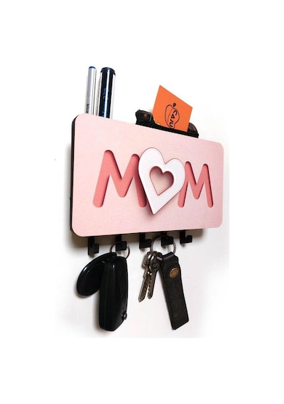 Pembe Kalpli Mom Anne Yazılı Bölmeli Anahtarlık Duvar Askılık Dekor Diğer