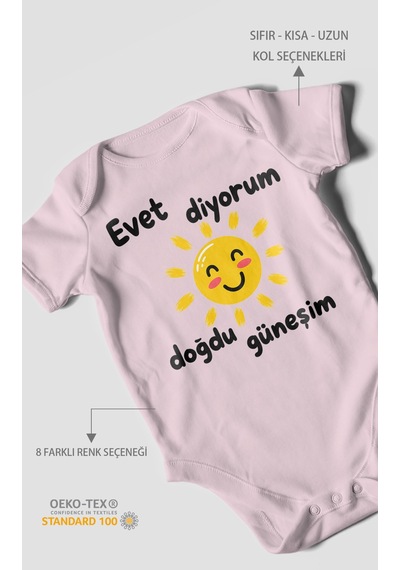 Morivokids Evet Diyorum Doğdu Güneşim Kısa Kollu Bebek Body %100 Pamuk Bebe Pembe