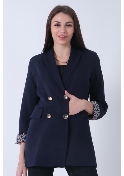 Feminist Lacivert Şal Yaka Leopar Astarlı Kruvaze Ceket 39711561.02 Lacivert