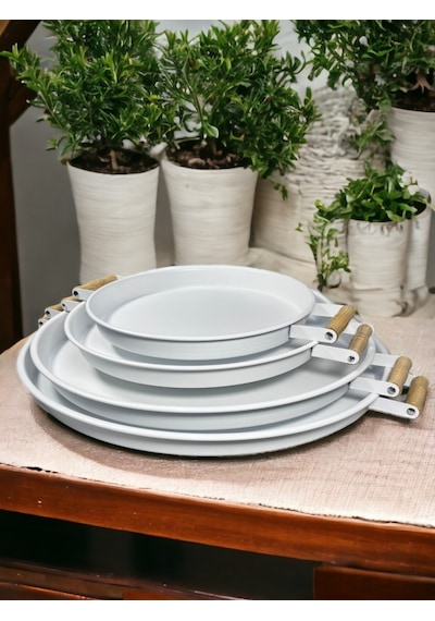 Metal 4 Lü 51 37 45 30 Cm Beyaz Ahşap Kulplu Yuvarlak Tepsi Seti, Kahvaltı Tepsisi 4lüset Beyaz