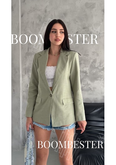 Boombester Kadın Flam Keten Astarlı Blazer Ceket Çizgili Astar Detay Rahat Kalıp İnce Ceket Haki Boombester Kadın Flam Keten Astarlı Blazer Ceket Çizgili Astar Detay Rahat Kalıp İnce Ceket Haki