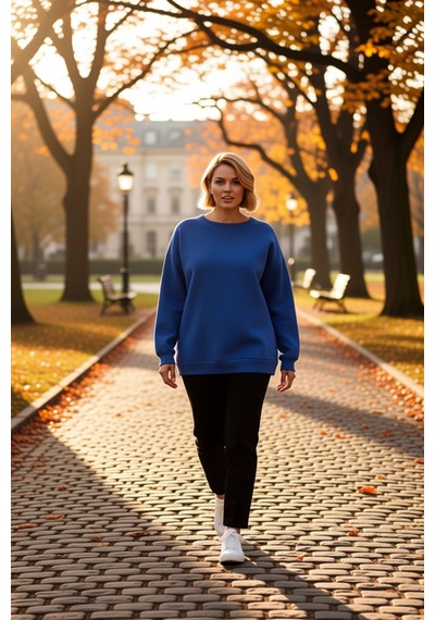 Benerly Kadın Bisiklet Yaka Düşük Kol Oversize Kalıp Sweatshirt Fonksiyon Indigo