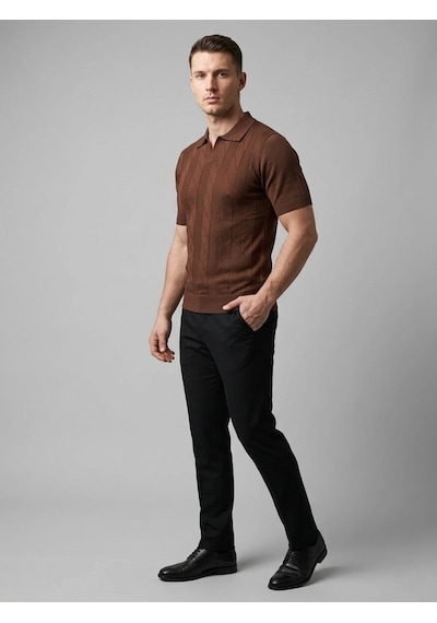 Erkek Yazlık Triko Dokuma Tişört Kısa Kol Polo Yaka T-shirt - Kahverengi