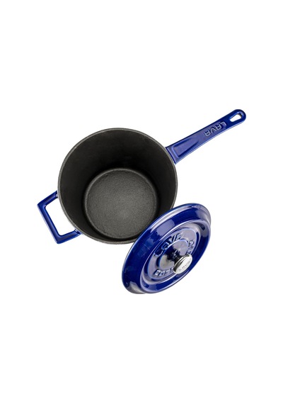 Lava Döküm Yuvarlak Sos Tenceresi Çap Ø 18cm. Döküm Demir Yekpare Saplı Premium Serisi - Majolica Mavi Mavi